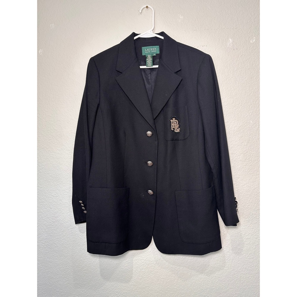 Lauren Ralph Lauren Women's Black Wool Blazer Crest Logo Button Detail Size 14W